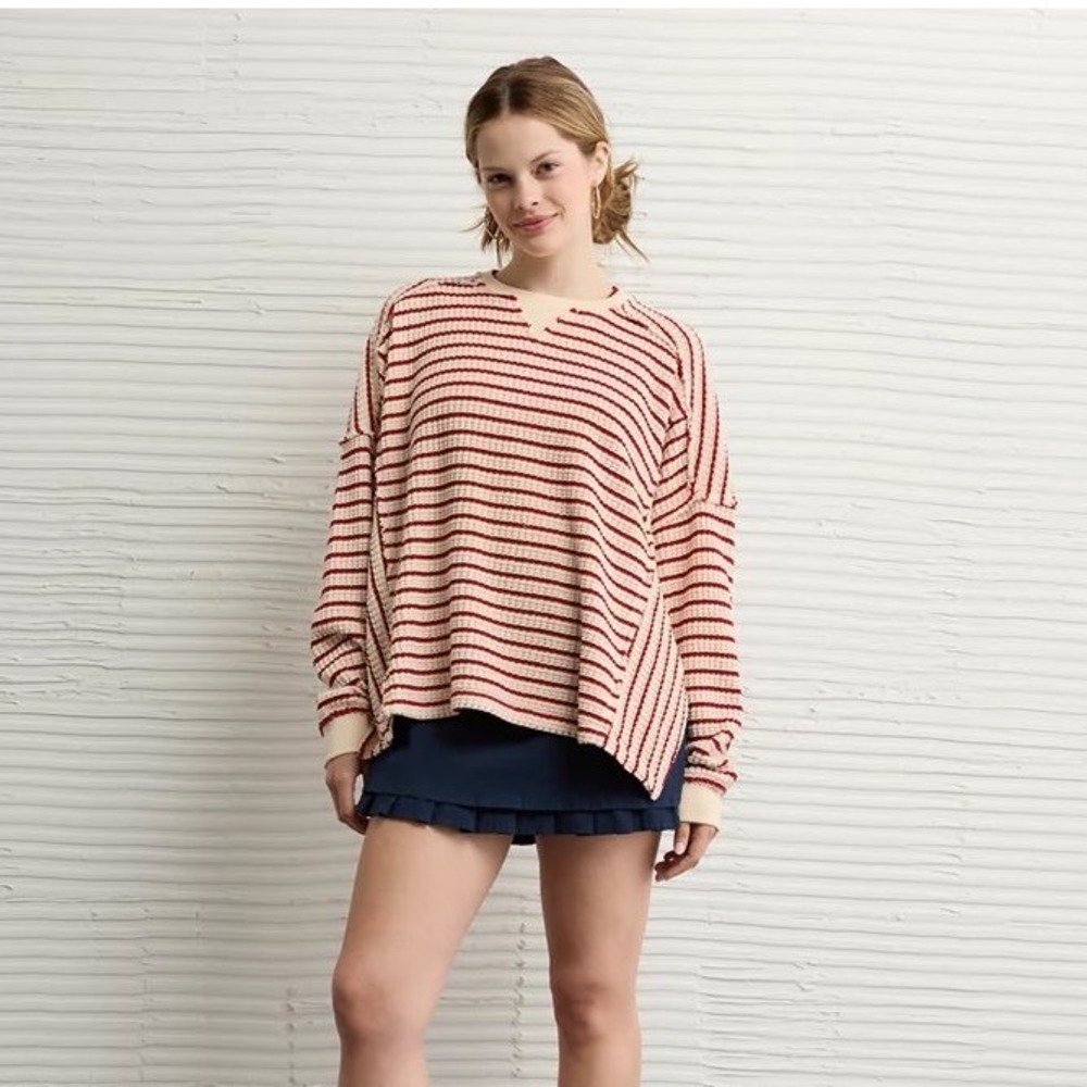 American Eagle Seriously Lived-In Crew Neck Waffle Knit XS Oversized Sweatshirt